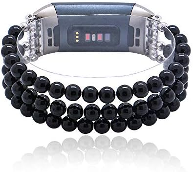 C&L Accessories Beaded Bands Compatible with Fitbit Charge 3 4, Handmade Elastic Stretch Beads Natural Black Agate Jewelry Bracelet Replacement Bands for Women (Black Agate) — view 7