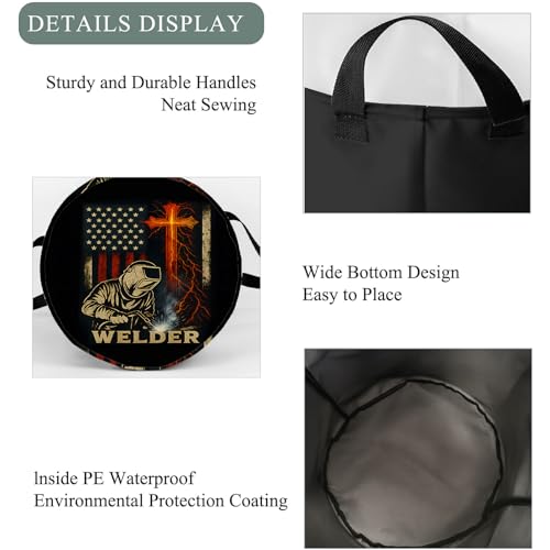 Welder Laundry Basket Hamper, Organizer Bins Gifts for Women Kids, American Flag Welding Foldable Waterproof Clothes Hamper Handles Storage Bucket for Bedroom Bathroom Room Decor 19.7"x15.7" - Image 5