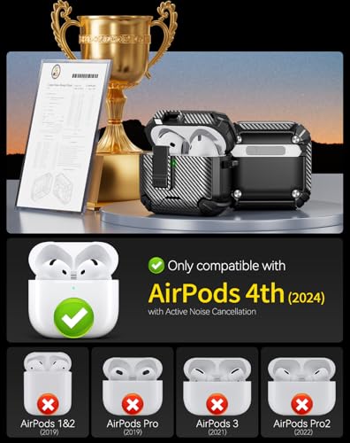 Image of Pohgelan Compatible with AirPods 4 Case Carbon Fiber Texture(Black) | Magnetic Automatic Lock with Phone Stand & Cleaning Kit,Compatible with Magsafe