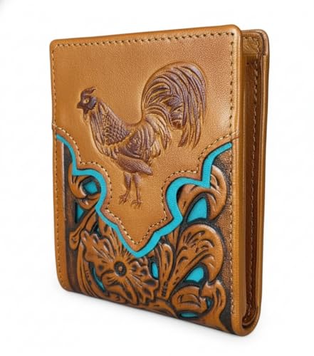 Western Stakes Mens Floral Cowboy Rooster Gallo Embossed Cowboy Western Leather Wallet High End Cut Out Layered Leather Style Mens Wallets Leather Bull Rider Rodeo Gifts For Men (Brown Teal)