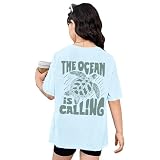 Wrenpies Girls Graphic Tees Kids Funny Beach Tshirt Sea Turtle Shirt The Ocean is Calling Shirts Vacation Cute Summer Tops(Light Blue,9-10 Years)