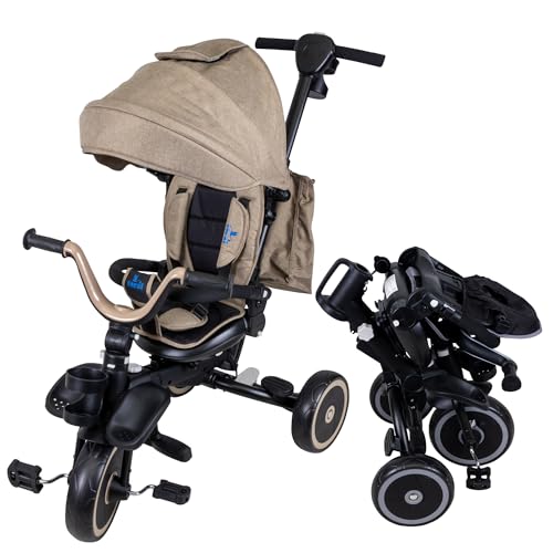 TORAL Triciclo Bebe Plegable - Triciclo Evolutivo Crece con tu Bebé - Bicicleta Bebe - Cinturón, Capota, Portavasos, Freno, Cesta, Función rueda libre - Modelo Siena Beige