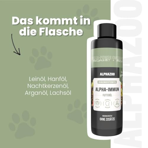 alphazoo Alpha-Immun Futteröl für Hunde 250 ml - naturbelassene Mischung aus Lachsöl, Leinöl, Nachtkerzenöl & Hagebuttenkernöl. Ergänzungsfuttermittel zur Unterstützung von Haut, Fell & Wohlbefinden.