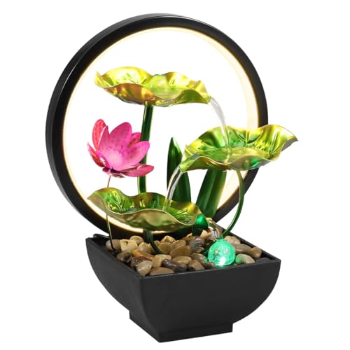 Water Fountains Indoor, 3 Tier Leaf Tabletop Water Fountain with LED Lights, Small Desk Waterfall Fountain for Meditation Relaxation Zen Home Bedroom Living Room Office Decor