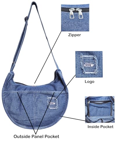 Image of Denim Hobo Halfmoon Design Roomy Large Capacity Adjustable Crossbody Shoulder Handbag Purse for Women