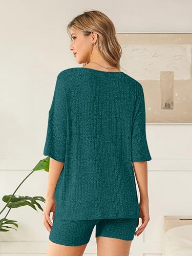 Image of NORACORA Pajamas 2 Piece Lounge Sets Ribbed Knit for Women Matching T-shirt Shorts Outfits Sleepwear