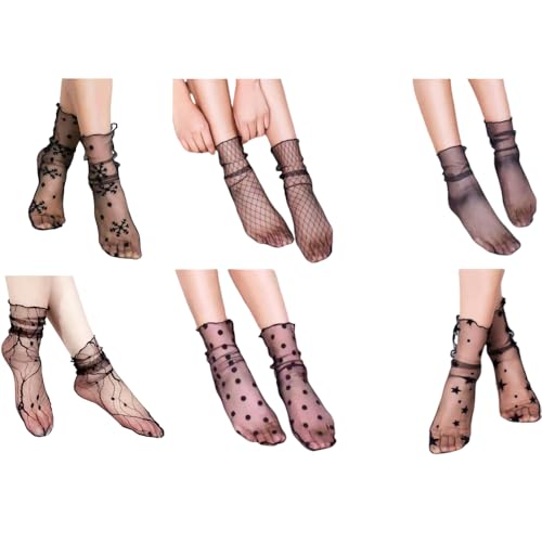 Damaiyyy 6 Paires Chaussettes Femme Transparentes Dentelle Noir
