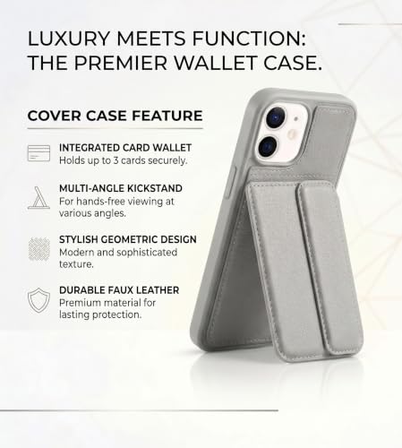 Image of amazon basics Luxury Vegan Leather Back Cover for iPhone 12 | Built-in Card Holder Slot | Integrated Mobile Stand | Slim Shockproof Protective Case with Stitched Finish - Gray