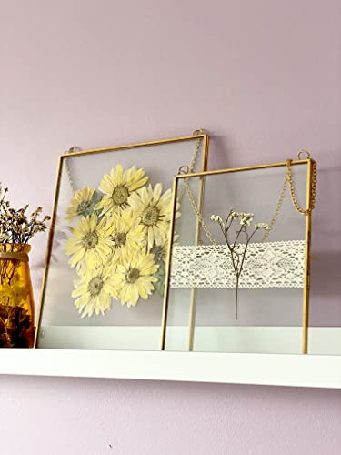 Double Glass Frame for Pressed Flowers, Leaf and Artwork - Set of 2 Hanging Picture Frames, Tempered Glass Floating Pressed Flower Frames, Large Rectangular Wall Decor Photo Display, Clear Metal Glass Frames with Chain (8x10, Gold)
