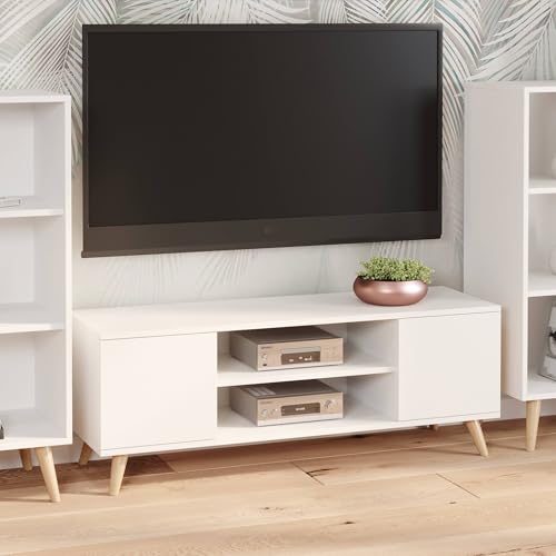 Dmora - Dmora - Meuble TV Lomza, Buffet de salon, Armoire basse pour TV, Base murale de rangement, 155x40 h50 cm, Blanc