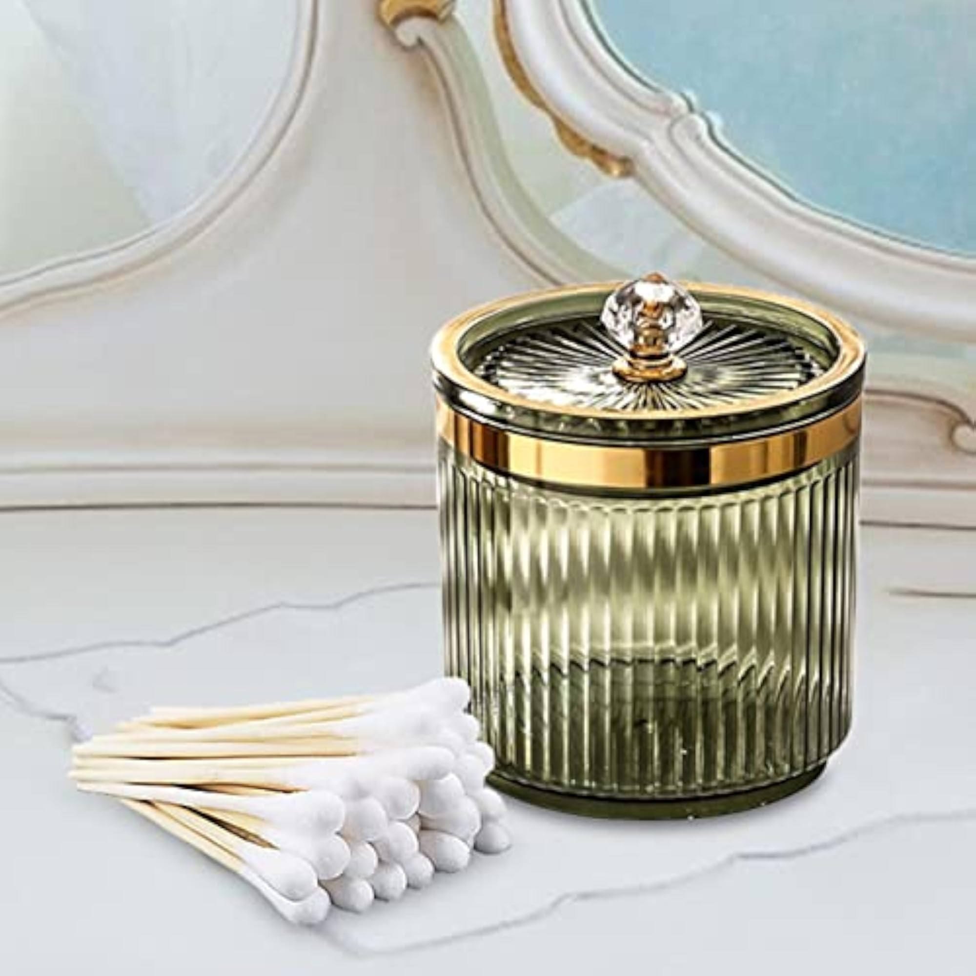 Makeup Cotton Swab Ball Holder Jar with Lid, Green