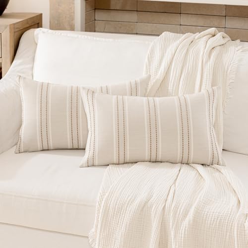Image of Hckot Throw Pillow Covers 12x20 Set of 2 Tan Pillow Covers Farmhouse Decorative Pillows Textured Linen Square Cushion Covers for Sofa Couch Bed Living Room Decor(Tan)