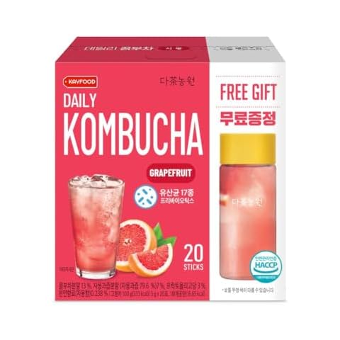 KAYFOOD Garden Daily KIWI Kombucha Tea Powdered Mix, Probiotics & Prebiotics, 20 Sticks Bottle (3.52oz), Zero Sugar, Diet, Gut Healthy Sparkling Beverage, Fermented Korean Drinks for Iced Tea Hot Tea, Workout Tea (KIWI, Reusable Bottle Set) (GRAPEFRUIT) Cover