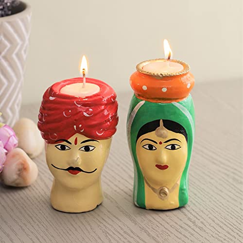 Handmade Marwari Couple Pair Tea Light Holder Wax Candle Stand For Diwali Navratri Christmas New Year Decoration Items Paper Mache Handpainted Handicrafted Rajasthani Pair Candle Diya For Home Décor #TOP22