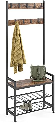 Ballucci Entryway Coat Rack with Shoe Bench, 3-in-1 Hall Tree and Shoe Rack Storage Shelf Organizer, Black Steel Frame with 9 Adjustable Metal Hooks - Rustic Brown