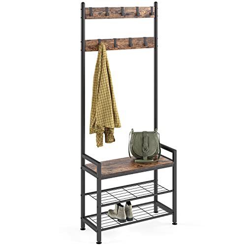Ballucci Entryway Coat Rack With Shoe Bench, 3-In-1 Hall Tree And Shoe Rack Storage Shelf Organizer, Black Steel Frame With 9 Adjustable Metal Hooks - Rustic Brown #TOP7
