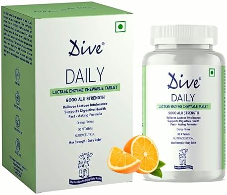 DIVE Daily Lactase Enzyme | Chewable Tablet | Dairy Relief Supplement | 9000 ALU Strength | Prevents Gas, Bloating, Diarrhea | 100% Vegetarian | Sugar-Free | Orange Flavour, 30 Count
