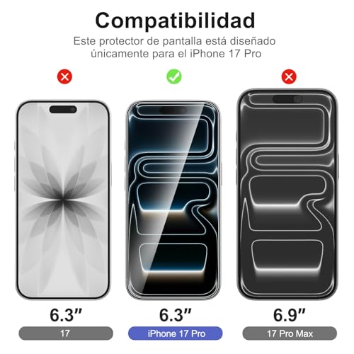 NEW'C 3 x Protector Pantalla para iPhone 17 Pro (6,3 Pulgadas) y 3 x Protector Pantalla Protector de Lente de Cámara - Cristal Templado - Ultra Resistente - Herramienta de instalación fácil incluida - imagen 2