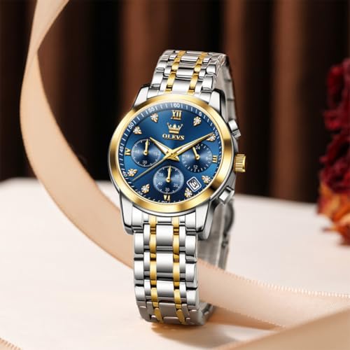 Image of OLEVS Women Watch Multifunctional Two Tone Watch Fashion Business Analog Quartz Ladies Watch Stainless Steel Waterproof Diamond Watch for Women
