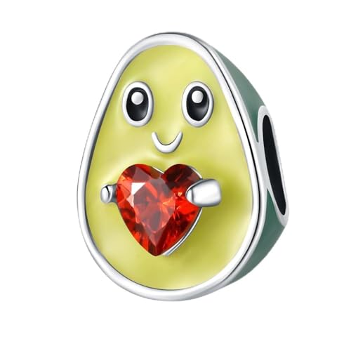 925 Sterling Silber Avocado Charm mit rotem Herz, kompatibel mit Pandora Armband