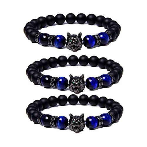 YESA Pulsera Save A Wolf de 3 Piezas, Pulsera de Roca de Lava con Cabeza de Lobo, Pulsera con Cuentas de Piedra de Cristal, Pulsera Ajustable para Hombres