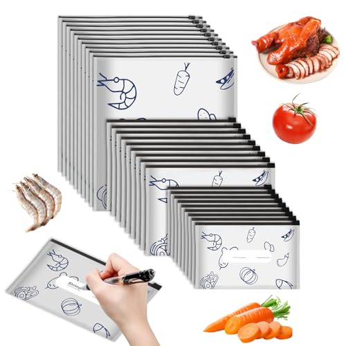 30 PCS Reusable Aluminum Foil Sealable Storage Bags 2026 New Resealable Vacuum Zipper Pouches Stand Up Foil Sealable Bags with Label and Zip Lock for Vegetable Fruit Meat