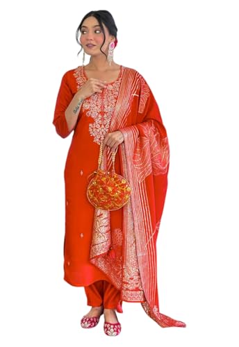 Ensemble kurta brodé orange en soie mixte avec pantalon et dupatta taille M