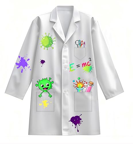 Wbesty Disfraz de Ciencia Mad de 6 piezas para niños con bata de laboratorio, peluca, guantes, pajarita y lupa, para disfrazarse y jugar a juegos de rol científicos de 3 a 4 años