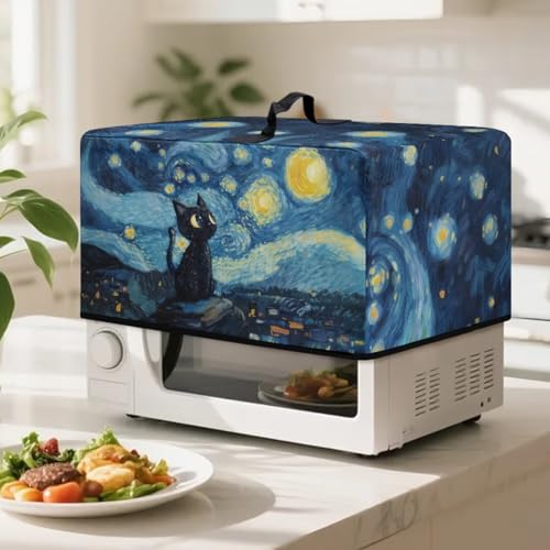 Image of Microwave Oven Dust Cover Air Fryer Toaster Oven Protector, Stain-Resistant Small Appliances Cover, L, 20.9 x 15.7 x 12.4 Inches, Black Cat Starry Night Print