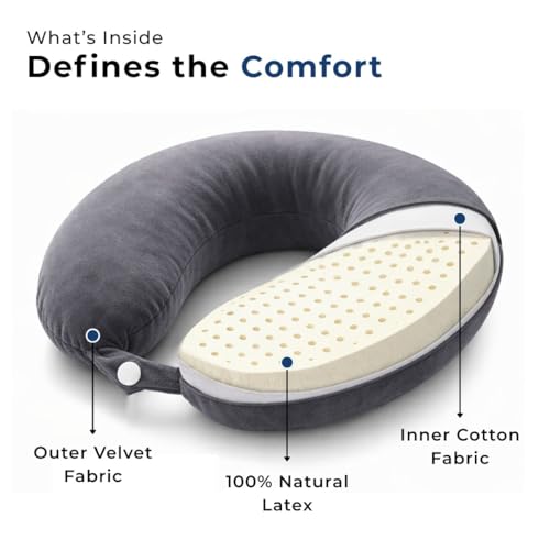 Image of DREAMZEE 100% Natural Latex Travel Pillow for Neck Support | Orthopedic Travel Neck Pillow Car & Flight Use | Breathable Cooling Neck Rest Travelling Pillow for Sleeping (Pack of 1 - Grey)