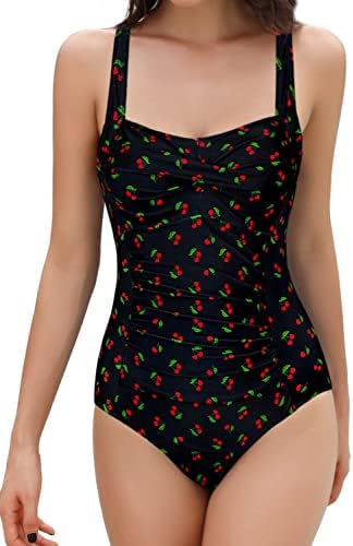 SHEKINI Women's Crossover Ruched Monokini Swimsuit Vintage Shirred One Piece Bathing Suit (Large/(US Large), Cherry)