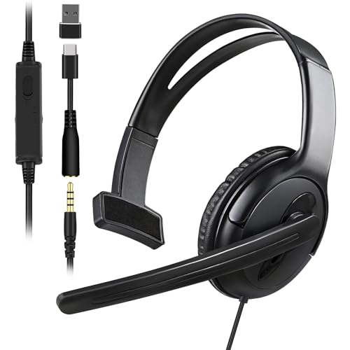 Joso Wired One Ear Headset with Mic, Single Ear Headset for PS5/PS4/Xbox/Switch/PC/iPad/Mac/Tablet with 3.5mm to USB A & Type C Adapter - Office Business, Remote Work, Coach, Gaming, Chat Headphone