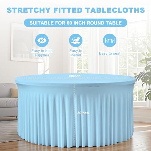 Torrowsrort 1 Pack Baby Blue Round Tablecloths, 60 Inch Spandex Stretchy Table Cloth with Skirt, Washable Fitted Tablecloth, Circle Wrinkle Free Table Cover for Wedding Party Birthday Outdoor Event by Torrowsrort - Used condition - Image 3