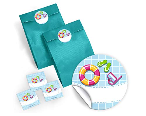 10 Geschenktüten/blau + 10 Aufkleber Schwimmbad für Mitgebsel Gastgeschenk beim Geburtstag Kindergeburtstag Pool-Party Mädchen Jungen (10 Tüten + 10 Aufkleber)