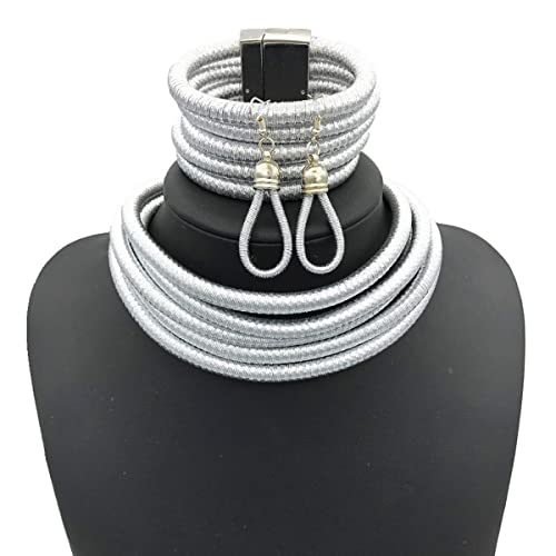 3Pcs Chunky Layered Necklace And Bracelet Earrings Set,Fasihon Ethnic Wide Choker Bib Necklace Egyptian Multi Strands Tribal African Queen Collar Necklace Statement Trendy Jewelry For Women Girls (Gold/Silver) (Silver) #TOP5