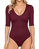 Design : col en V sexy combiné avec un body à manches courtes pour femme se distingue par sa coupe mince et sa silhouette élégante. Disponible en noir, blanc, bordeaux – Couleurs intemporelles pour basics-love