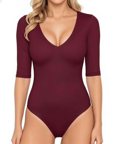 ALGALAROUND Women's V Neck Half Sleeve Bodysuit 3/4 Sleeve Slim Fitted Body Suit Sexy Going Out Shirts Tops Burgundy L