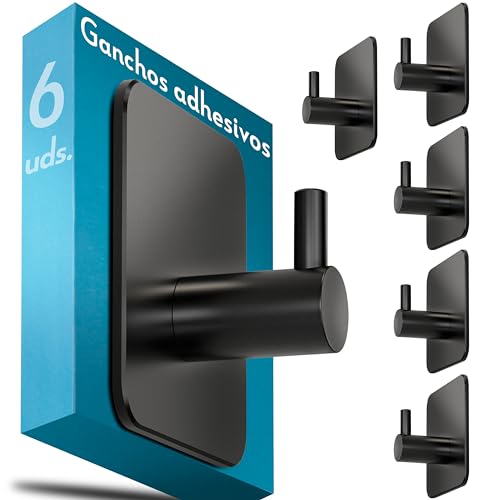 Menz Ganchos adhesivos para pared - set de 6, acero inox - colgador toalleros de baño sin taladro, perchas autoadhesivo fuertes para baño cocina albornoz trapos, Negro