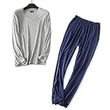 Wantschun Mens Modal Pajamas Set Bamboo Fiber V Neck Long Sleeve T-Shirt and Pants Sleepwear Nightwear (Light Grey+Blue;UK M)