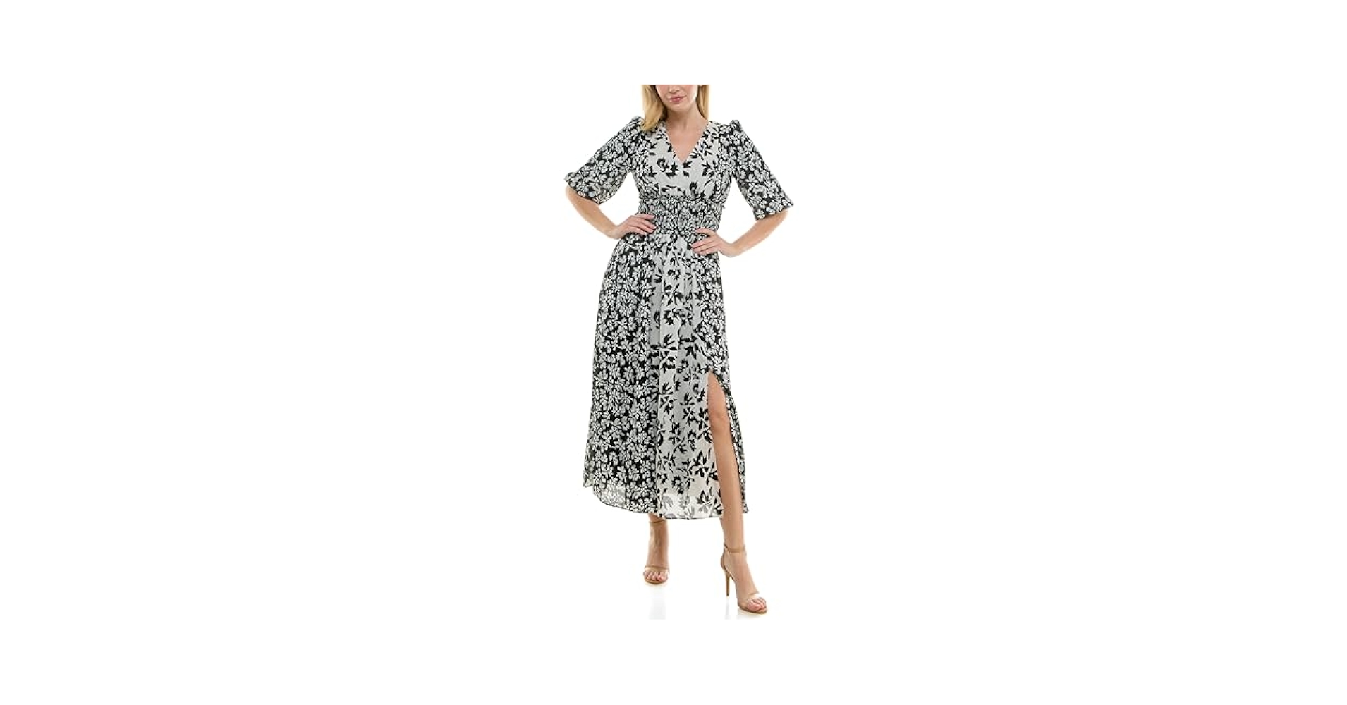 Taylor Women's Floral Print V-Neck Elbow Sleeve Smocked