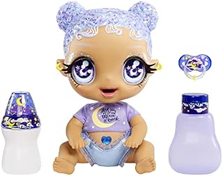MGA'S Glitter Babyz - SELENA STARGAZER - Baby Doll with 3 Magical Colour Changes with Ice-Cold Water, Purple Glitter Hair, Moon & Star Outfit, Diaper, Bottle & Pacifier Accessories - For Kids Ages 3+
