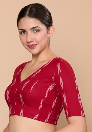 Image of Studio Shringaar Women Cotton Ikat Stretchable (Smocked) Readymade Elbow Length Sleeve Saree Blouse