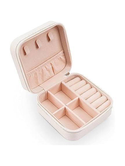 Image of Mini Jewellery Travel Case, PU Leather Organizer Box, Small Portable Jewellery Storage Holder for Womens Rings Earrings Necklaces (Peach-PU Leather Box) (White)