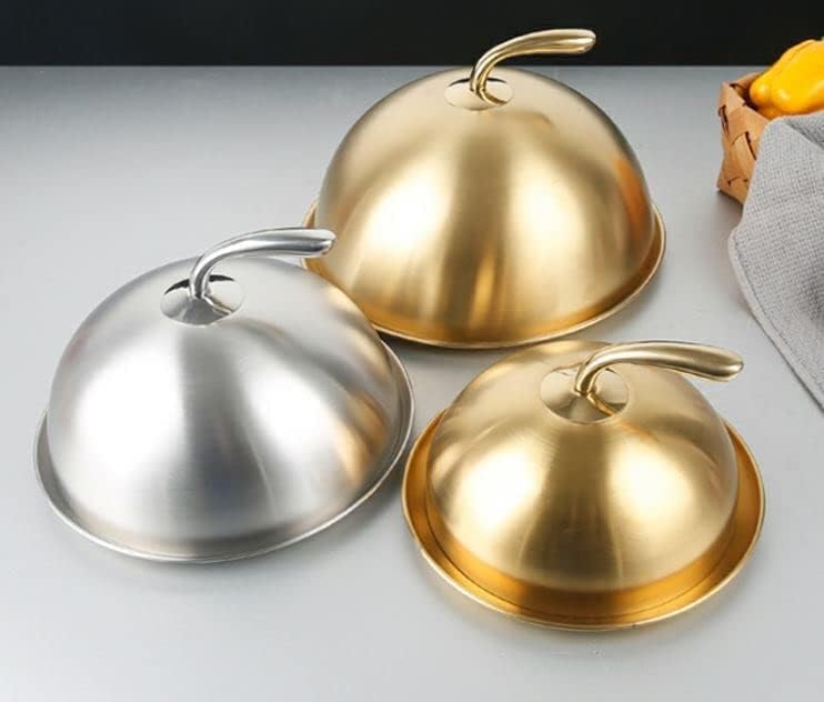 ステンレス製ステーキカバー 鉄板焼きドームのディッシュ蓋 家庭用丸型防油金属製フードカバー キッチンのクッ (ゴールデン,28cm)