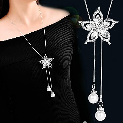 PAIHUIART Halskette Pulloverkette Ketten Schmuck Frauen Anhänger Necklace Mode Blume Lange Halsketten Für Frauen Quaste Anhänger Pullover Halskette Gliederkette Modeschmuck Silber