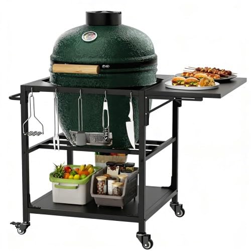 Carrello per barbecue da esterno per XL Big Green Egg, resistente alle intemperie e pieghevole, robusto carrello in metallo con ruote, ripiano e ganci per attrezzi, tavolo mobile per barbecue per