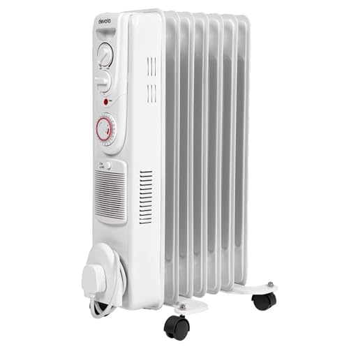 Devola Oil Filled Radiator, Low Energy Electric Heater with Thermal Fuse for Overheat Cut Off, Adjustable Heating Dial, Turbo Heating Option via PTC Fan, 24 Hour Timer - (White) (7 Fin 2000W)