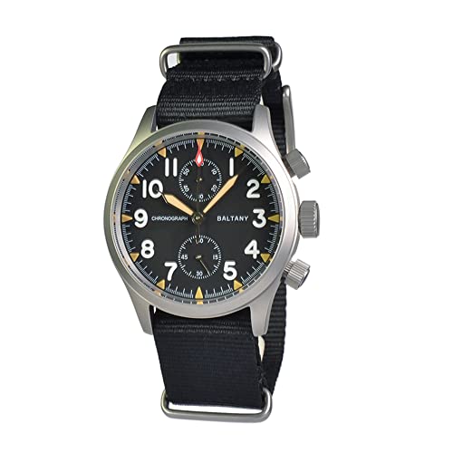 Baltany Retro Quartz Chronograph Watch Stainless Steel Case Nylon Strap 100M Waterproof Multifunction Military Watches, black, sport