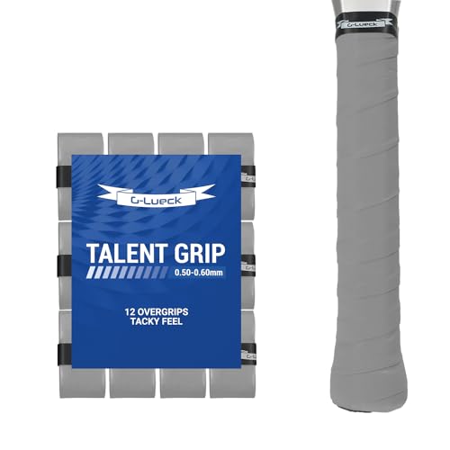 G-Lueck 12er Set Tennis Griffband TALENT GRIP | 0,60mm Stärke | Overgrip für Squash Badminton Schläger & Kicker inkl. selbstklebendes Abschlußband | sehr griffig, Anti-Rutsch (Grau)