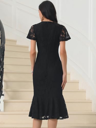 Womens' Lace Floral Dresses Fishtail Formal Cocktail Short Sleeve Midi Dress4